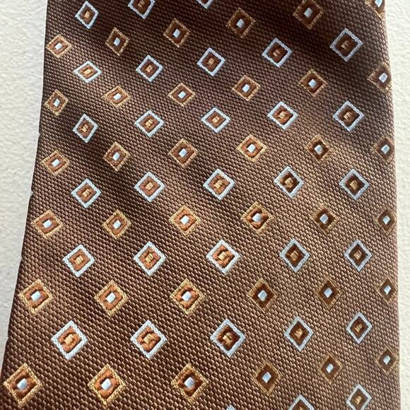 Brooks Brothers Necktie Brown Blue Square Motif Designer Geometric Pure Silk USA - Picture 4 of 6